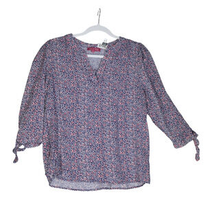 Rose and Thyme Floral Blouse Women Medium Blue Multi V Neck Tie Sleeve Top
